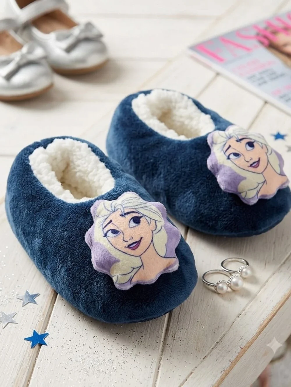 Disney Frozen Elsa Girls' Plush Slipper Booties - Navy Blue